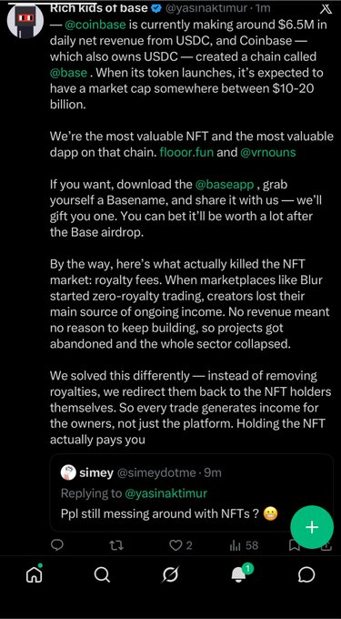 A Twitter/X post by @yasinaktimur discussing Coinbase's daily revenue, the @base chain, and the Base airdrop for users.