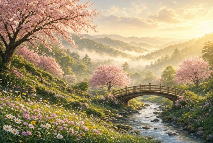 A serene landscape featuring a wooden bridge arching over a gentle stream, surrounded by blooming pink cherry blossom trees, misty rolling hills, and fields of wildflowers bathed in golden midday sunlight. The tranquil, uplifting scene complements the post's reflective midday check-in, evoking a moment of calm thought as the poster contemplates AI and SocialFi collaboration through InSoBlokAI.