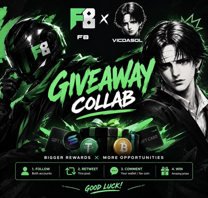 A promotional graphic for a "GIVEAWAY COLLAB" between "F8" and "VICDASOL" featuring crypto and gift card prizes, with instructions to follow, retweet, comment, and win.