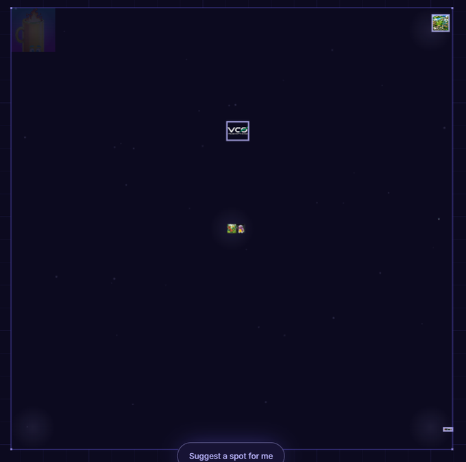 A dark starry sky interface with a 'Suggest a spot for me' input field at the bottom and a small character avatar in the center.