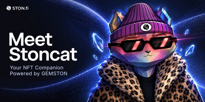 A promotional banner reads 'Meet Stoncat - Your NFT Companion Powered by GEMSTON' alongside the STON.fi logo, featuring a faceted geometric cat wearing a purple beanie, sunglasses, and a leopard print coat against a blue cosmic background.
