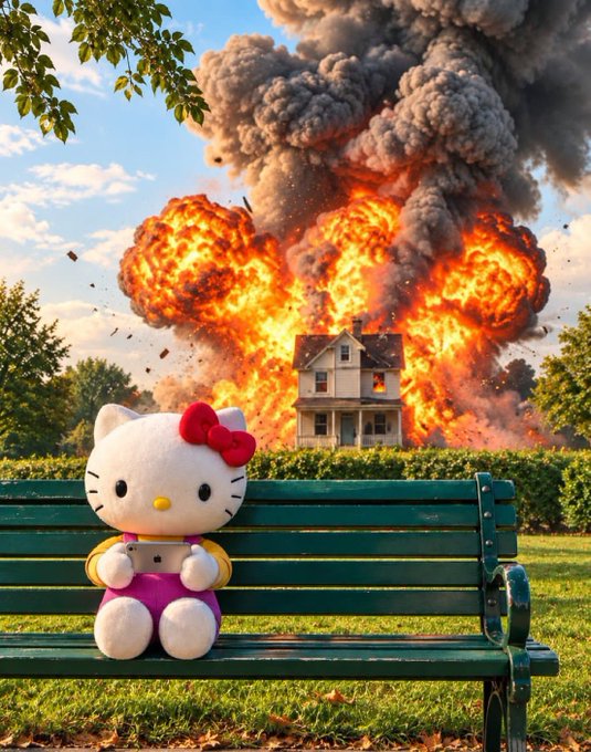 A Hello Kitty plush figure sits calmly on a green park bench using a smartphone, completely unfazed by a massive explosion destroying a house in the background—capturing the post's "Surviving all market odds" sentiment with ironic, unbothered composure amid chaos.