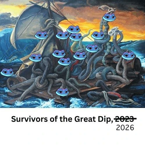 A surreal meme featuring a sailing ship wrecked by Kraken tentacles, with multiple blue snake-faced emojis scattered across the tentacles and seagulls, captioned "Survivors of the Great Dip, 2023 (crossed out) 2026," humorously depicting how multiple "snek" tokens survived a major crypto crash to live on into 2026.