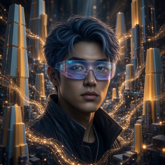 A portrait of a young man with blue-tinted hair wearing futuristic glowing glasses, set against a sci-fi cityscape with golden skyscrapers and flowing light trails.