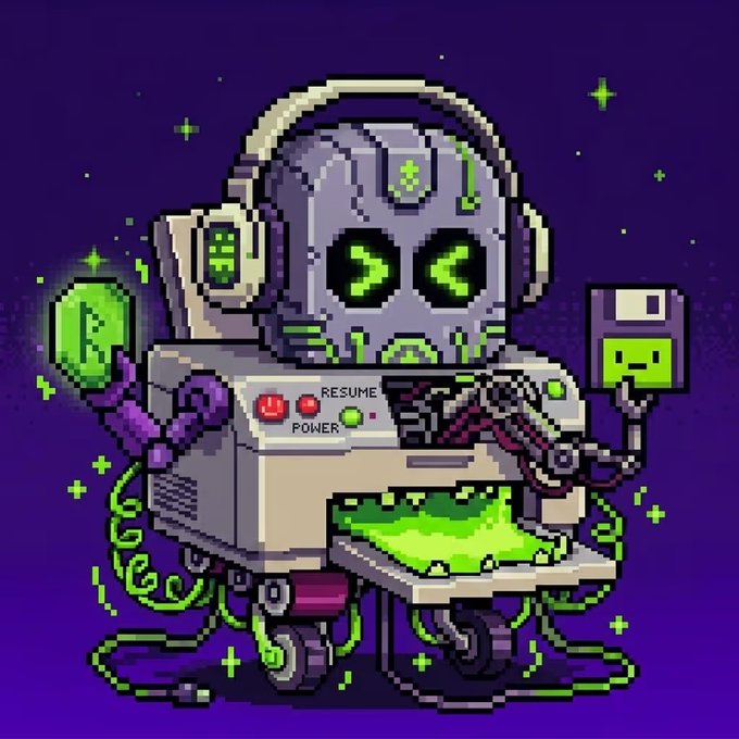 A pixel art illustration of a gray robot with green digital eyes and headphones, holding a green disc and a USB drive, with a 'RESUME' and 'POWER' indicator on its body, set against a purple starry background.