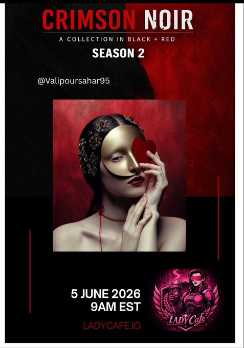 The image features a poster for an art show called "CRIMSON NOIR - SEASON 2" that takes place on June 5th at 9AM-10AM. The poster includes a photo of a woman with a mask, which is part of the theme of the show. There are also details about the event and artists featured in the image.