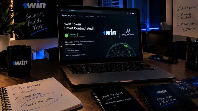 A workspace scene showing a laptop displaying the Halborn website with "1win Token Smart Contract Audit" results marked as "PASSED," accompanied by a notebook listing "Transparency, Security, Long term," and a 1win branded mug.