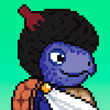 A pixel art sprite of a blue-skinned character with a large black afro, a red tuft of hair, and a smile, wearing an orange and white outfit against a green background.