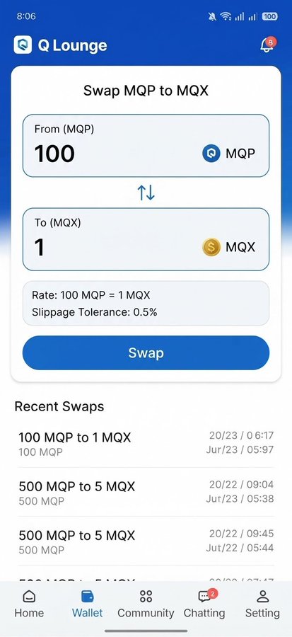 A mobile app screenshot of 'Q Lounge' showing a swap transaction converting 100 MQP to 1 MQX with a 0.5% slippage tolerance, including a list of recent swaps.