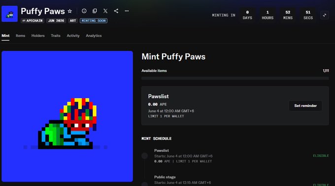 The image shows a screenshot of a computer screen displaying information about a video game called Mint Puffy Paws. The text indicates that this is a new release, available as a download set, and that it is free to download from OpenSea. The screen also lists details such as mint puffy paws, chain: @apecoin supply: 1111 Get ready to claim your Puffy Paw and mint puffy paws on the first day of this game.