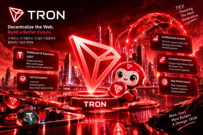 A red TRON promotional graphic reads “Decentralize the Web. Build a Better Future.” and highlights “Institutional Growth,” “Ecosystem Expansion,” and “Real World Impact,” alongside “TRX Powering The Next Generation.”