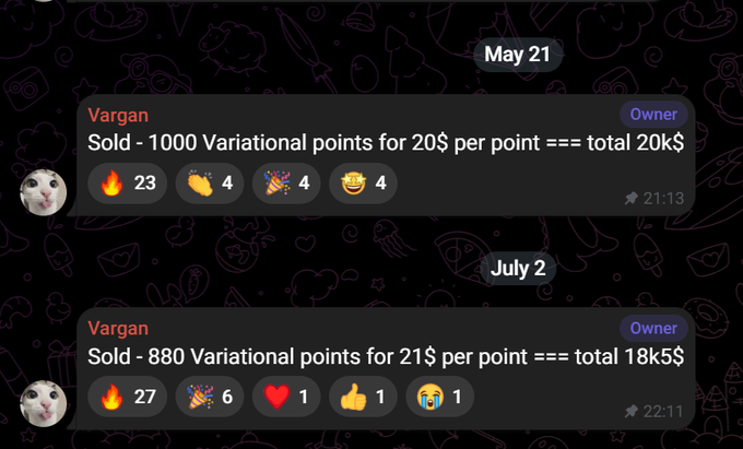 A Discord message from Vargan showing two sales: 1,000 Variational points sold for $20 each ($20K total) on May 21, and 880 points sold for $21 each ($18.48K total) on July 2, illustrating rising demand and price per Variational point ahead of its airdrop.
