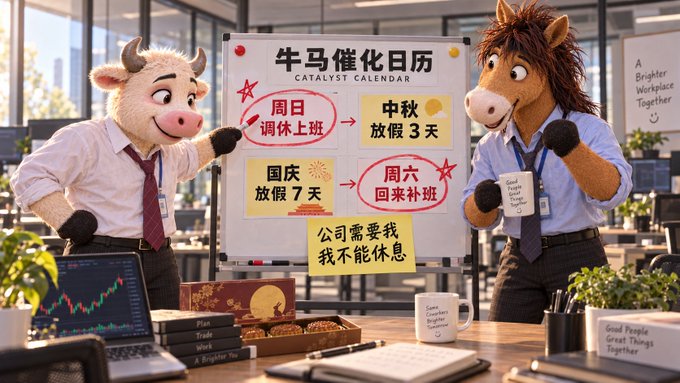 Two horse mascot plushies wearing office attire stand beside a whiteboard displaying a 'CATALYST CALENDAR' with Chinese text outlining holiday schedules and work adjustments.