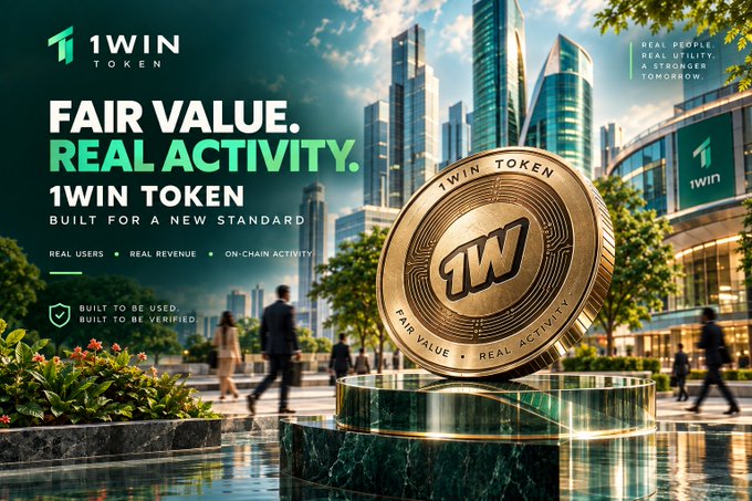 A promotional banner for '1WIN TOKEN' with the slogans 'FAIR VALUE. REAL ACTIVITY.' and 'BUILT FOR A NEW STANDARD,' showing a large gold 1W coin in a futuristic city setting.