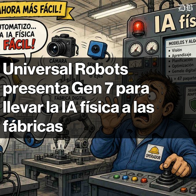A Spanish-language graphic with text 'AHORA MÁS FÁCIL! Automatizo... LA IA FÍSICA FÁCIL!' and 'Universal Robots presenta Gen 7 para llevar la IA física a las fábricas,' showing a cartoon factory operator at a control panel with cameras and sensors labeled 'IA física' and 'FÁBRICA DIGITAL.'