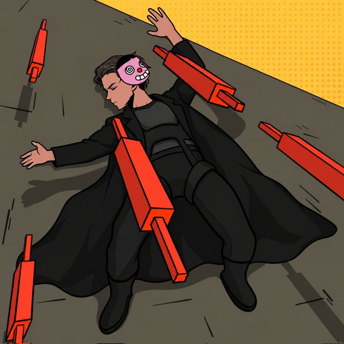 A digital illustration of a man in a long black coat and pink mask lying on the ground, surrounded by floating red block-like objects against a yellow and gray background.