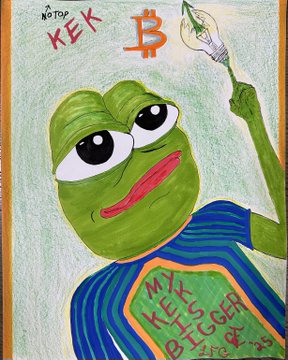 A child's drawing of Pepe the Frog wearing a Superman shirt that reads 'MAKE KEK BITCOIN,' holding a paintbrush, with 'Kek' and a Bitcoin symbol drawn above.