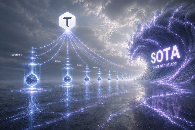 A futuristic digital artwork showing a glowing hexagonal 'T' logo at the top connecting via luminous streams to a series of labeled structures ('SUBNET 1' through 'SUBNET 6'), leading toward a massive swirling portal displaying the text 'SOTA - STATE OF THE ART'.