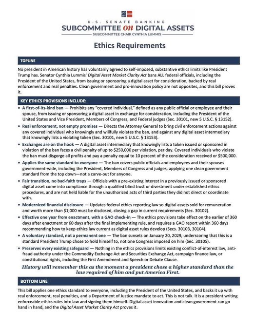 An informational document from the U.S. Senate Banking Subcommittee on Digital Assets titled 'Ethics Requirements,' detailing key ethics provisions for digital asset bans and enforcement.