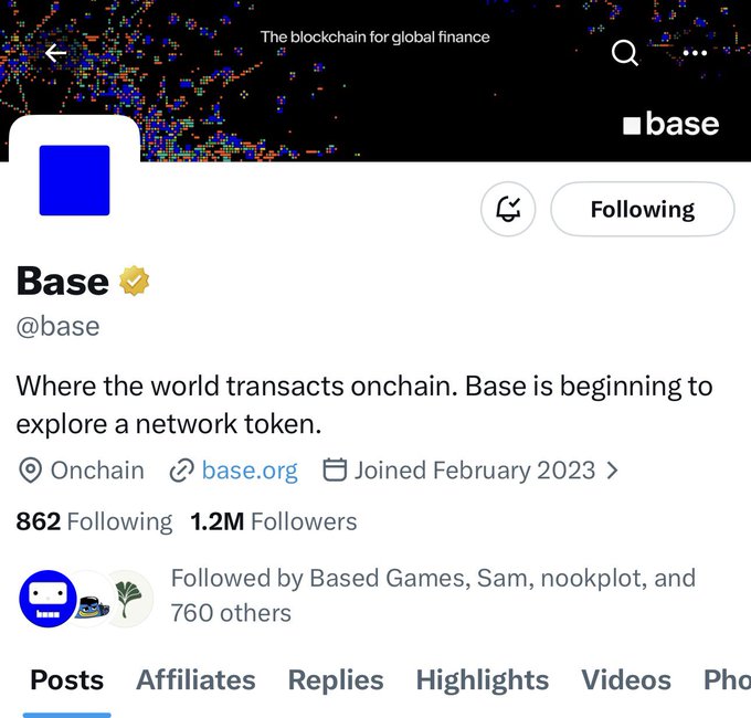 This screenshot of an Instagram post by @base shows that they have updated their bio stating "@base has updated its bio: Base is beginning to explore a network token." This means they are actively involved in creating a new type of digital token using blockchain technology, and they hope it will revolutionize the way transactions occur. The content also includes a few other posts on @base's page, indicating that it might be an active part of online communities related to cryptocurrency or blockchain technology.