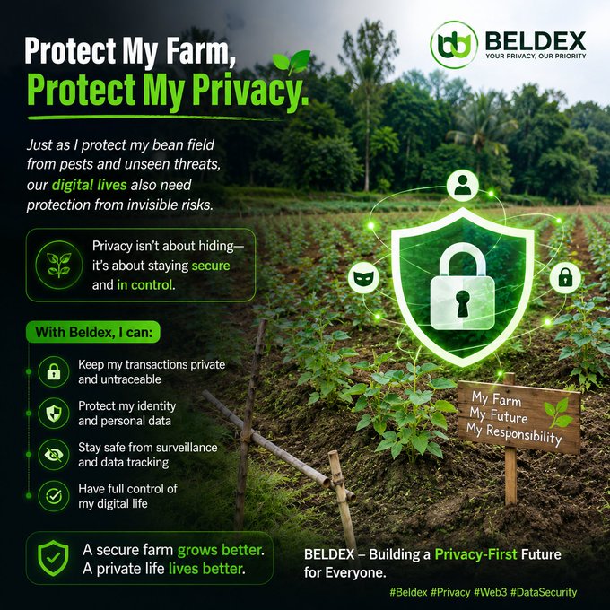 A Beldex promotional graphic titled 'Protect My Farm, Protect My Privacy,' comparing digital privacy to protecting a bean field, with features like private transactions, identity protection, and surveillance avoidance.