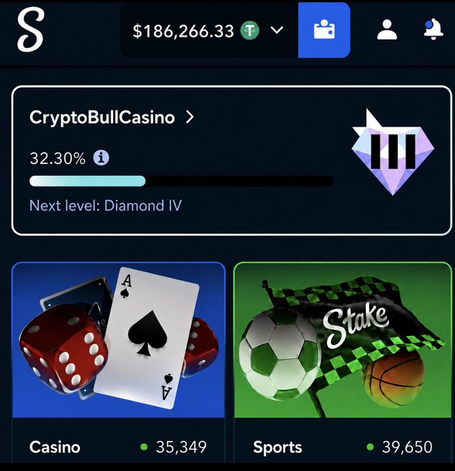 The image shows a Stake.com account dashboard displaying a balance of $186,266.33, a Diamond IV VIP tier at 32.30% progress, and access to Casino (35,349) and Sports (39,650) categories, supporting the user's claim of a "huge win on #STAKE" to promote a follower giveaway.