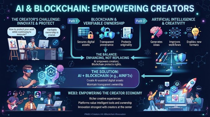 An infographic titled 'AI & BLOCKCHAIN: EMPOWERING CREATORS' detailing how these technologies balance to enhance, not replace, creators and empower the Web3 creator economy.