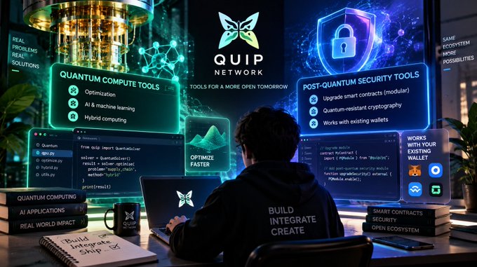 A promotional graphic for 'QUIP NETWORK' displaying 'Quantum Compute Tools' and 'Post-Quantum Security Tools', featuring a person working on a laptop.