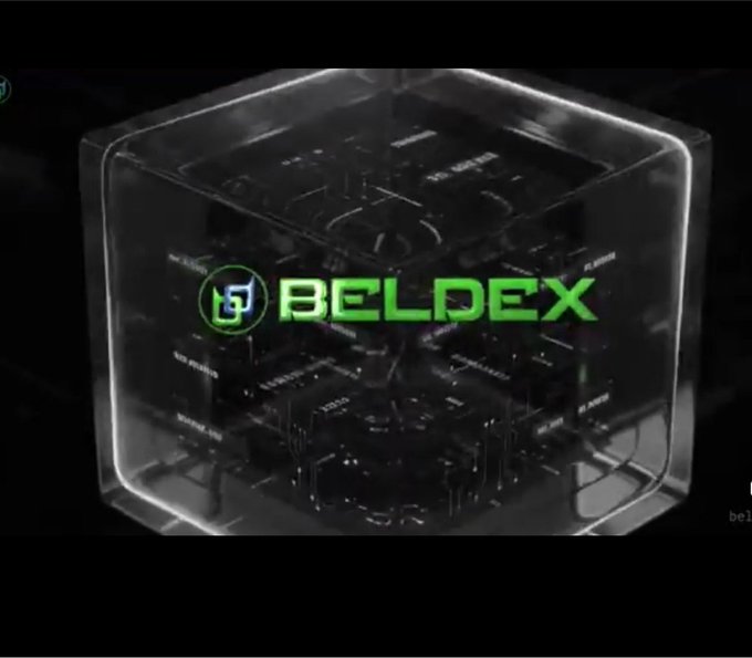 A glowing green 'BELDEX' logo is displayed inside a transparent digital cube with circuit board designs.