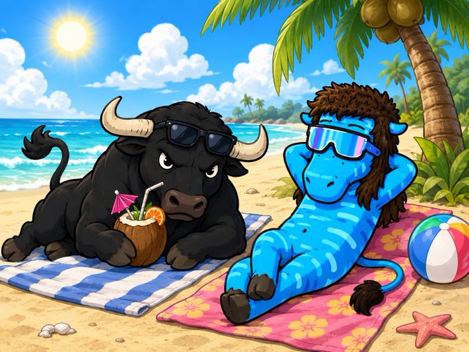 Cartoon illustration of a black bull with sunglasses and a blue furry creature with sunglasses relaxing on a beach towel under a sunny sky.
