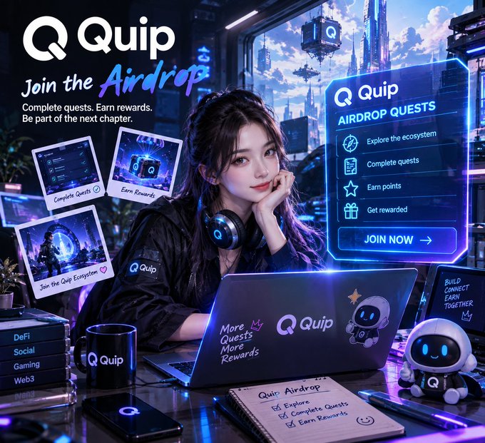 A promotional graphic for 'Quip Airdrop' featuring a young woman at a laptop, with text reading 'Join the Airdrop', 'Complete quests. Earn rewards.', and 'BUILD CONNECT EXPLORE TOGETHER', alongside panels listing 'Explore the ecosystem', 'Complete quests', 'Earn points', and 'Get rewarded'.