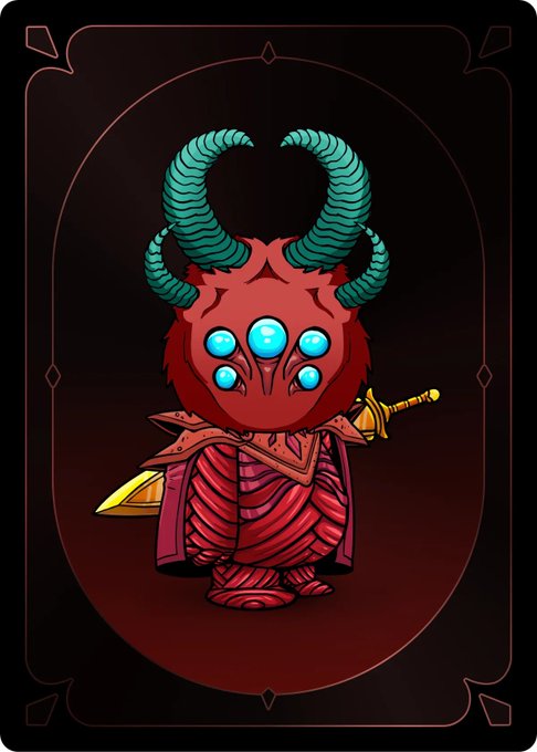 A digital illustration of a small red demon-like character with four glowing blue eyes, teal curved horns, wrapped in bandages, and holding a sword, set against a dark red background with decorative borders.