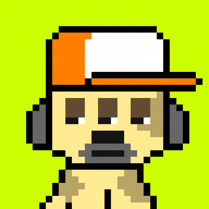 A pixel art portrait of a character wearing an orange and white cap and headphones on a bright green background.