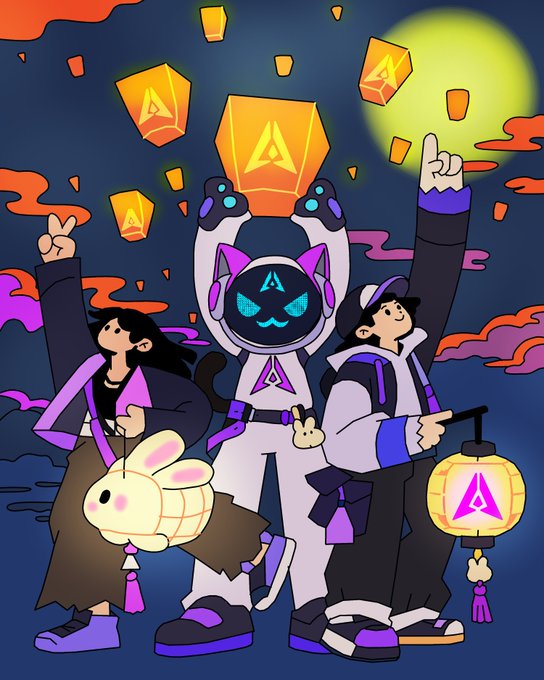 A colorful digital illustration depicts three characters, including a central robot figure, celebrating with lanterns bearing the Avalanche (AVAX) logo against a stylized night sky.