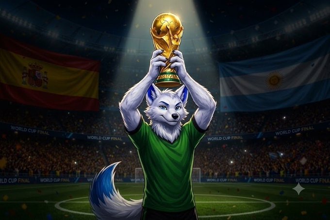 An anthropomorphic wolf in a green jersey triumphantly hoists the FIFA World Cup trophy under stadium lights, with the Spanish and Argentinean flags displayed in the background above banners reading "WORLD CUP FINAL," visually capturing the championship showdown referenced in the post.