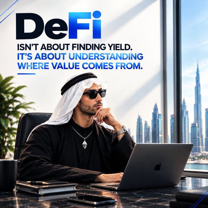 DeFi marketing image showing a man in traditional Arab attire using an Apple laptop with the text 'DeFi ISN'T ABOUT FINDING YIELD. IT'S ABOUT UNDERSTANDING WHERE VALUE COMES FROM.' and a Dubai skyline.