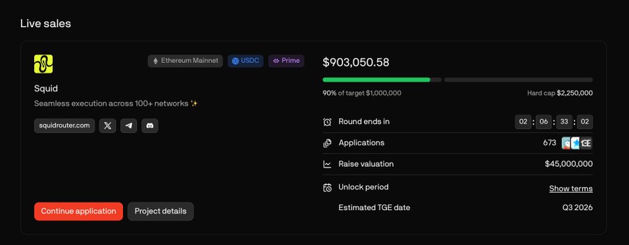 A dark-themed 'Live sales' dashboard showing a token offering for 'Squid' on Ethereum Mainnet, currently at $903,050.58 (90% of target), with applications at 673 and raise valuation at $45,000,000.