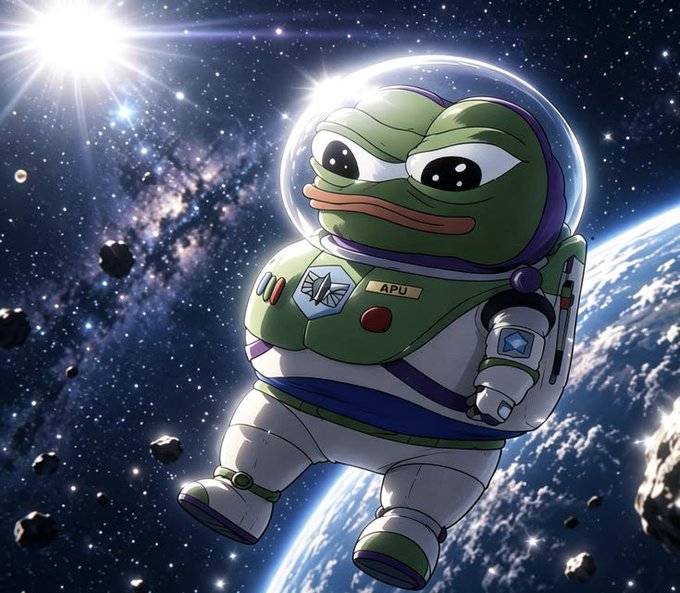 An anime-style illustration of a green frog-like character in a white spacesuit with a clear helmet, floating in space above Earth surrounded by asteroids and stars.