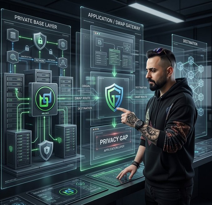 A man in a black hoodie interacts with glowing holographic screens displaying cybersecurity concepts, including "PRIVATE BASE LAYER", "APPLICATION / SWAP GATEWAY", and a "PRIVACY GAP" warning.