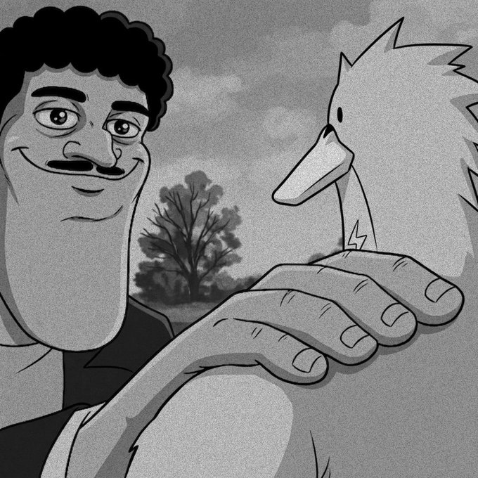 A black-and-white animation still of a curly-haired man looking at a duck resting on another person's hand, with a tree in the background.