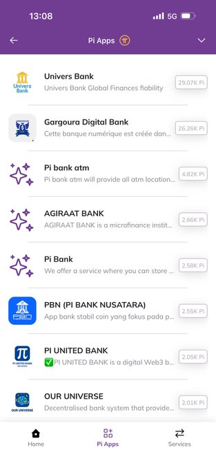 The image shows a mobile app screen titled "Pi Apps" displaying a list of bank-related applications with their Pi token values, including "Univers Bank" (29.07K Pi), "Gargoura Digital Bank" (26.26K Pi), "Pi bank atm" (4.82K Pi), "AGIRAAT BANK" (2.66K Pi), "Pi Bank" (2.58K Pi), "PBN (PI BANK NUSATARA)" (2.55K Pi), "PI UNITED BANK" (2.05K Pi), and "OUR UNIVERSE" (2.01K Pi). This visual evidence supports the post's claim about the proliferation of bank ecosystems within the Pi Network, illustrating the rapid emergence of numerous banking-themed apps, though many appear to be duplicative or low-quality as suggested by the poster's skepticism about whether this trend is genuine or a joke.