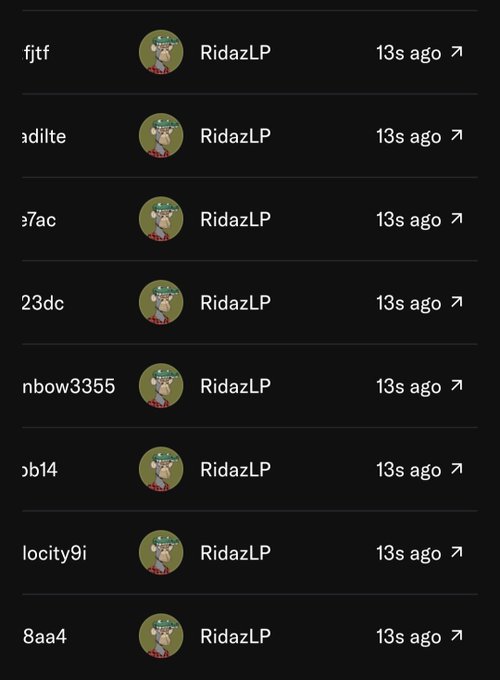 The image shows a list of recent transactions or trades by user "RidazLP," each timestamped "13s ago," displaying partial wallet addresses or tickers (e.g., "fjtf," "adilte," "e7ac," "23dc," "nbow3355," "ob14," "locity9i," "8aa4"). This aligns with the post's context of early whale activity being tracked, with multiple rapid entries suggesting active monitoring or accumulation in preparation for a 2x move.