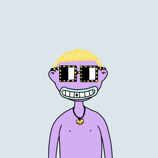A cartoon illustration of a purple character with blonde hair, pixelated sunglasses, and a gold heart necklace.