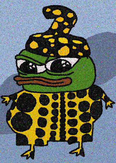 A crudely drawn, polka-dotted Pepe the Frog wearing a matching spotted outfit and hat stands against a grainy blue background. The glitchy, meme-style artwork pairs well with a "gm" (good morning) post, as it resembles the classic "smug Pepe" character often used by crypto and NFT communities to greet followers.