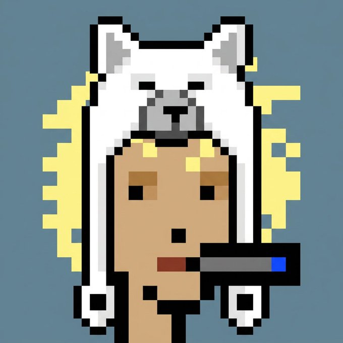A pixel art illustration depicts a character with blonde hair wearing a white bear hat and smoking a cigarette.