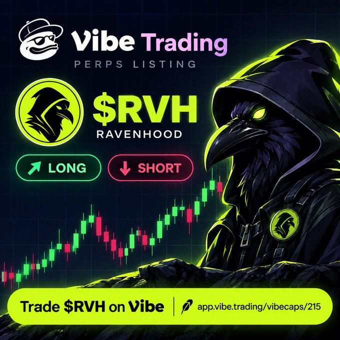 A promotional graphic for 'Vibe Trading' announcing a Perps Listing for '$RVH RAVENHOOD' with Long and Short buttons and a candlestick chart.