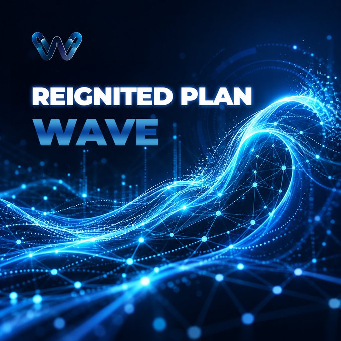 Digital promotional graphic with a blue glowing wave network design featuring a 'W' logo and the text 'REIGNITED PLAN WAVE'.