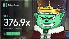 A promotional graphic showing a green frog mascot wearing a crown and a "KING OF" necklace, advertising "$PEZ" with a 376.9x multiplier on TokenScan, alongside text urging viewers to drop their $ROBINHOOD address for a $PEZ airdrop.