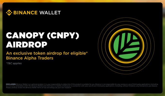 A Binance Wallet promotional banner for a "CANOPY (CNPY) AIRDROP" exclusive to eligible Binance Alpha Traders.