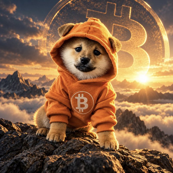 A digital illustration of a puppy wearing an orange Bitcoin hoodie standing on a rocky mountain peak with a large Bitcoin symbol in the background.